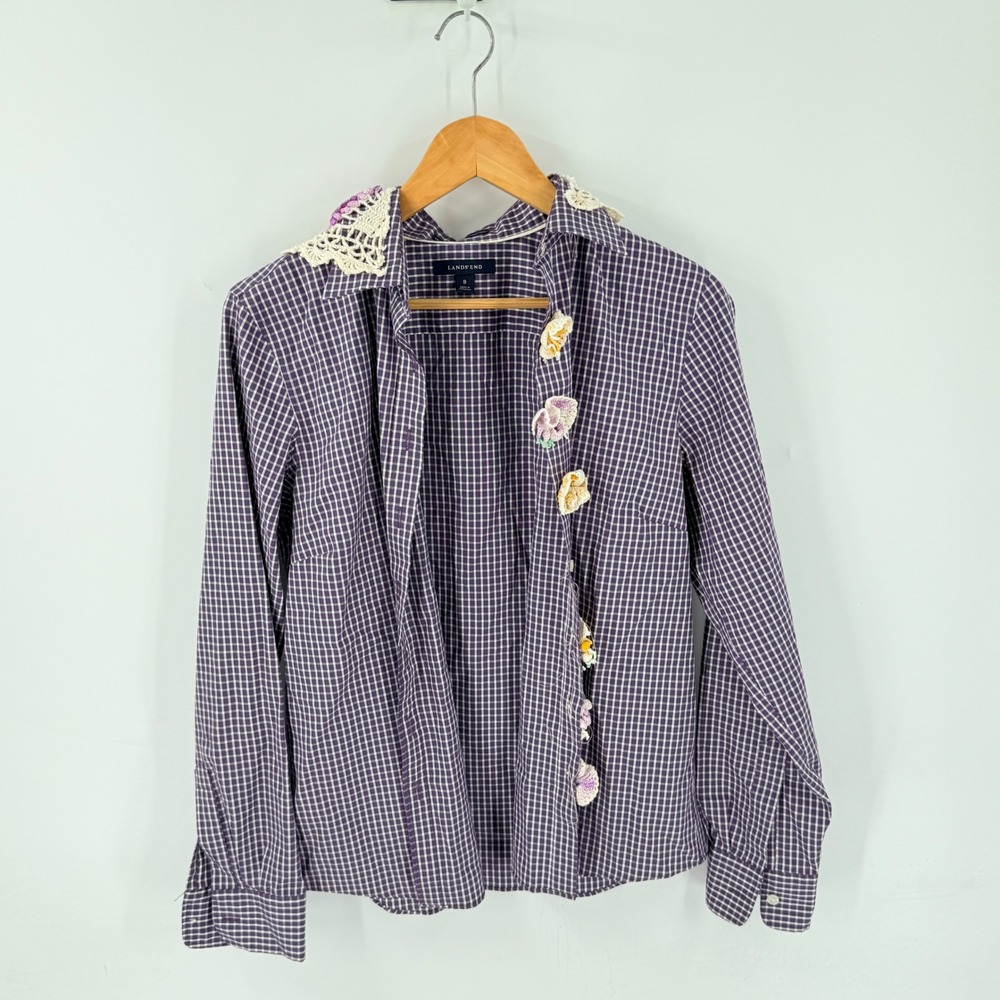 Upcycled Handmade Lands End Shirt Purple Crochet Collar Floral Gingham Size 8